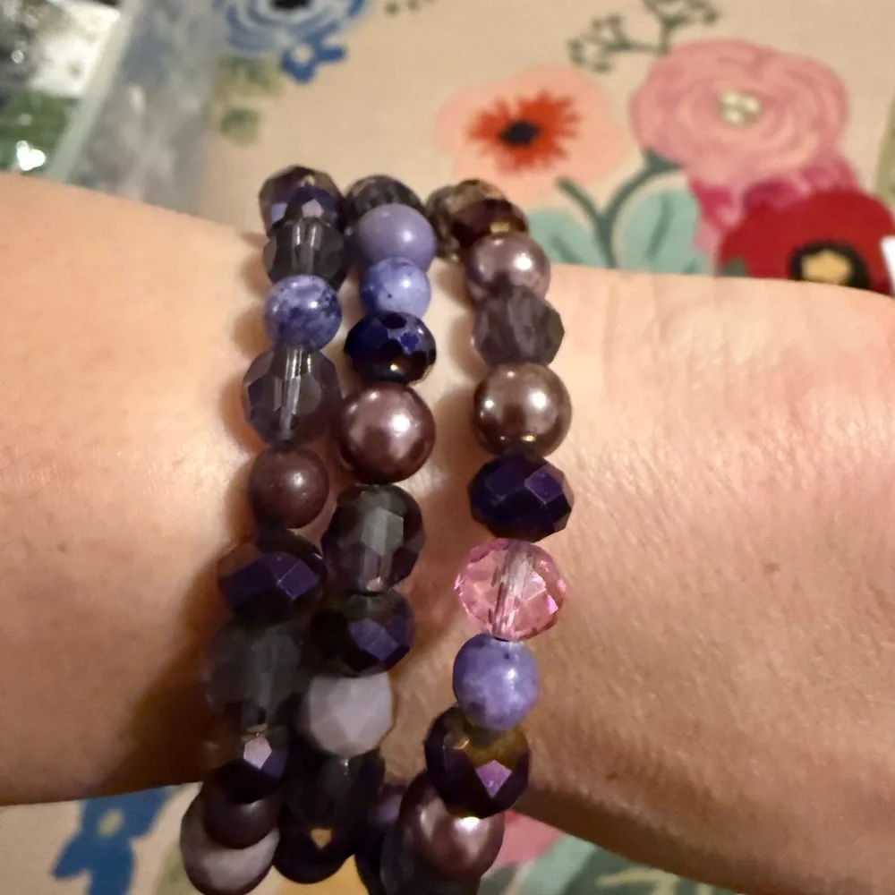 Purple Beaded Wrap Bracelet Multi Strand Coil Faux Pearl‎ Glass Crystal Charm